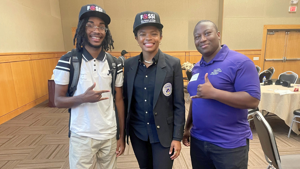 (Left to right) Prairie View FOSSI scholars, Mar’quis Butler and Nadia Higgins with their mentor at Chevron Phillips Chemical, Vander Breland.